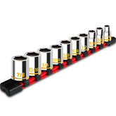pgroup 10-piece 3/8-inch drive shallow socket set on rail for organized storage.