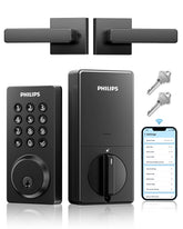 Philips WiFi smart door lock with handle, front view, ready for remote access