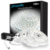 phopollo white LED strip lights, 100ft two-roll setup for expansive room illumination