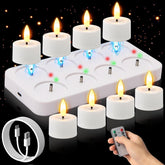 PIDZPOW rechargeable tea light with remote on charging base for effortless wedding decor.