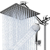 PinWin 12-inch square rain showerhead delivers wide coverage for a spa-like shower.
