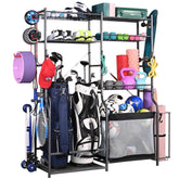 PLKOW golf bag rack in garage keeps gear organized and accessible.