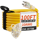 PlugSaf 100 ft extension cord with three outlets in bright yellow for outdoor power
