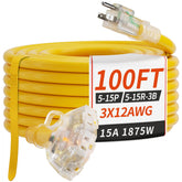 PlugSaf 100 ft outdoor extension cord with three outlets for versatile power access.