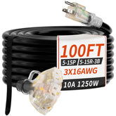 PlugSaf 100ft outdoor extension cord showing length for long-range outdoor power