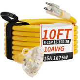 PlugSaf 10 ft three-outlet outdoor extension cord with LED power indicator.