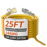 PlugSaf 14/3 gauge yellow outdoor extension cord 25 ft for durable outdoor power access.