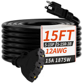 PlugSaf 15 ft outdoor extension cord with three outlets for versatile outdoor power