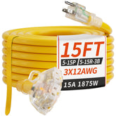 PlugSaf 15ft outdoor extension cord with three outlets for versatile power access.