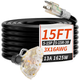 Plugsaf 15 ft outdoor extension cord with three outlets and LED indicator for quick power checks