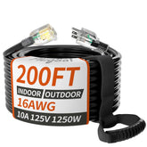 PlugSaf 200ft outdoor extension cord in black for lawn and garden tasks.
