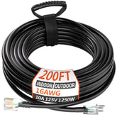 PlugSaf 200 ft outdoor extension cord in black ready for rugged outdoor power needs.