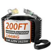PlugSaf 200 ft outdoor extension cord with lighted indicator for quick power confirmation.
