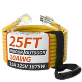 PlugSaf 25ft 10-gauge extension cord with indicator light for safe outdoor use.