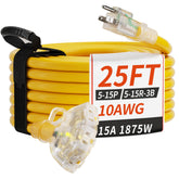 PlugSaf 25 ft extension cord with three outlets powers outdoor tools.
