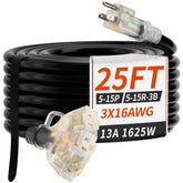 PlugSaf 25 ft outdoor extension cord with three outlets for versatile yard and tool use.