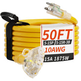 PlugSaf 50ft 10ga outdoor extension cord with three outlets for powering multiple devices outdoors