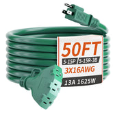 Plugsaf 50ft green outdoor extension cord with three outlets for outdoor lighting and tools.