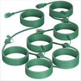 PlugSaf 50 ft green outdoor extension cord stretched in a yard for flexible power reach