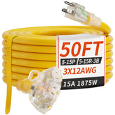 PlugSaf 50-foot outdoor extension cord with three outlets for versatile outdoor power.