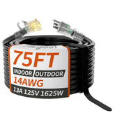 PlugSaf 75 ft outdoor extension cord laid out across a garden path, ready for seasonal power needs