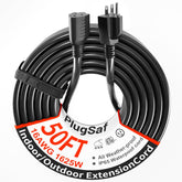 PlugSaf 50 ft outdoor extension cord in coil for easy storage.