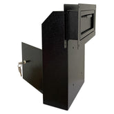 Plugsharge door drop box front view showing sturdy steel housing for secure mail.