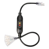 PLUGTUL 3ft GFCI extension cord with LED end showing power status for outdoor setups.