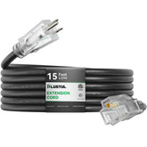 PLUGTUL outdoor extension cord 15ft for backyard lighting and powered tools.