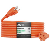 PLUGTUL outdoor extension cord in bright orange for easy visibility and yard use.