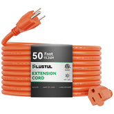 PLUGTUL outdoor extension cord 50ft with orange jacket for safe yard access.