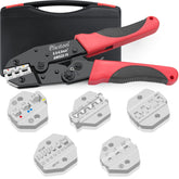 Plustool crimping tool set with ratcheting jaws for consistent crimps