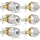 Plustool entry door lock and deadbolt front view in satin nickel for exterior doors.