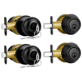 Plustool matte black front door lock set with round ball knob for secure entry.