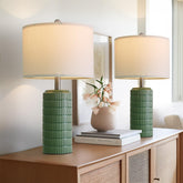 PoKat dark-green ceramic table lamps set 2, front view, ideal for cozy living room ambiance.