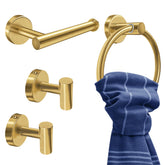 PokShow gold bathroom accessories set on wall for a cohesive modern look.