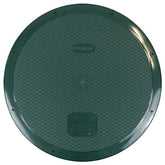 Polylok 24in flat cover atop corrugated pipe, showing precise fit for secure outdoor drainage lid