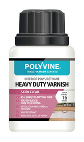 Polyvine Heavy Duty Satin varnish on bottle shows durable interior wood protection