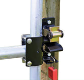 Powerfields Power-Latch 1Way gate latch closeup shows durable metal construction for reliable gate security