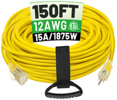 POWGRN 150 ft 12/3 outdoor extension cord with long reach for outdoor projects.