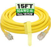 POWGRN 15 ft 10 AWG outdoor extension cord powers heavy tools indoors or outdoors.