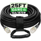 POWGRN 25ft 10awg outdoor extension cord with LED end indicator for outdoor visibility