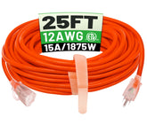 POWGRN 25 ft outdoor extension cord with lighted end for easy visibility during setup