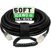 POWGRN 50ft 10AWG outdoor extension cord shows length for distant power loads and job sites