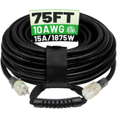 POWGRN 75ft 10AWG outdoor extension cord for heavy-duty outdoor power.