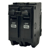 PPYIPC THQL21100 front view showing plug-in two-pole 100A breaker.