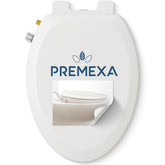 Premexa bidet seat on elongated toilet with dual-nozzle for targeted cleaning.