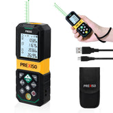 Prexiso laser measure with green beam showing 265 ft range indoors