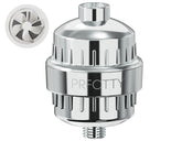 PRFCTTY 25-stage shower filter front view shows compact chrome design with filtration.
