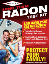 PRO-LAB radon test kit alpha track detector for long-term monitoring.